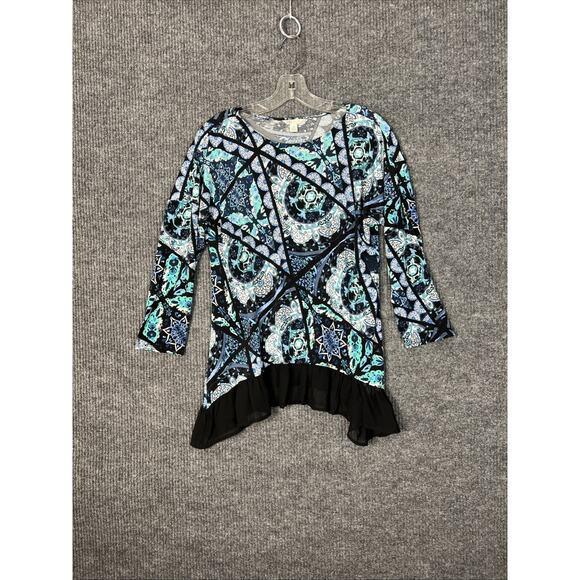 Cato Womens Blue Bohemian Floral Blouse Size XS Chiffon Hem Fairy Romantic - Picture 1 of 9